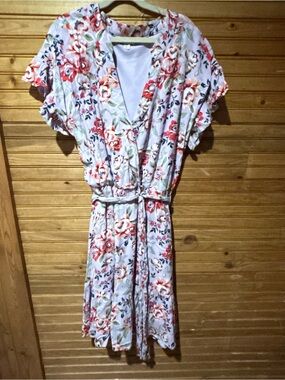 Takara White Floral Wrap Midi Dress with Pink & Red Blooms